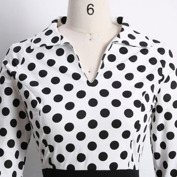 Women's Black Vintage Dress 1950s Audrey Hepburn Style V-Neck 3/4 Length Sleeves Polka Dots Retro Cotton Dress