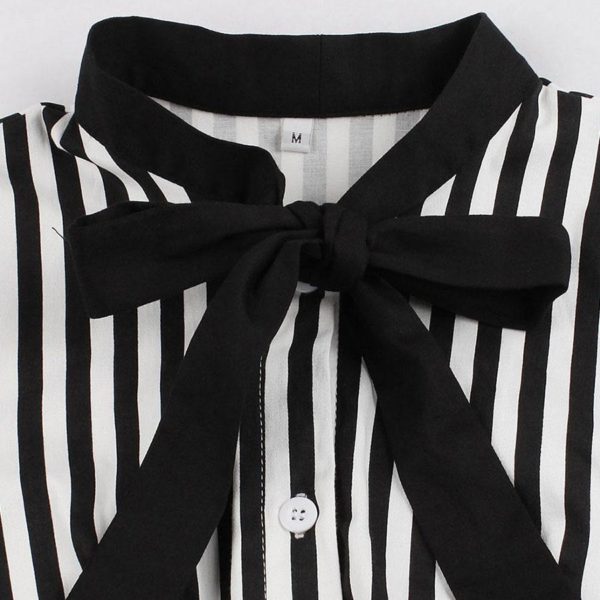 Vintage Dress 1950s Stripe Bow Tie Short Sleeves Women Swing Retro Dress