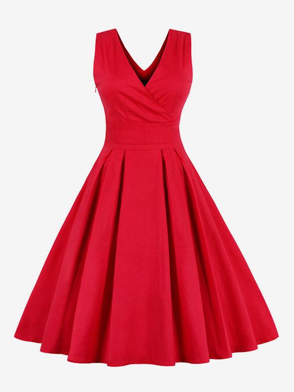 Vintage Dresses V-neck Sleeveless Criss-Cross Women's Retro Dress In Red