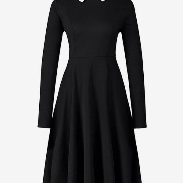 Women Vintage Dress 1950s Audrey Hepburn Style Turndown Collar Long Sleeves Rockabilly Dress