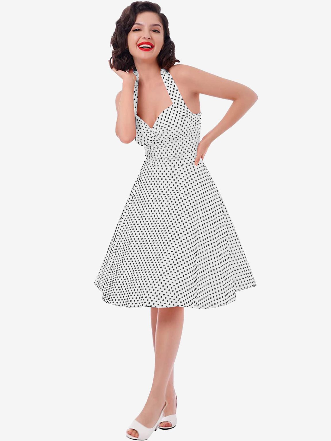 Vintage Dress Pewter 1950s Audrey Hepburn Style Polka Dot Pleated Sleeveless Sweetheart Neck Medium Swing Dress