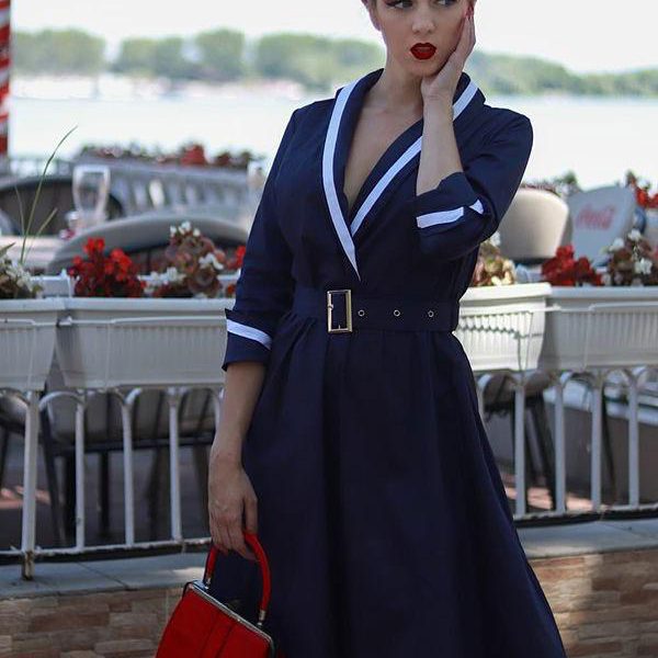 Vintage Dresses 1950s Audrey Hepburn Style Dark Navy Two Tone Belted Long Sleeve V Neck Midi Dress