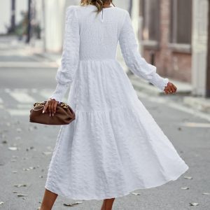 Pleated Midi Dress Lantern Sleeves Cuffs Layering Day Dresses