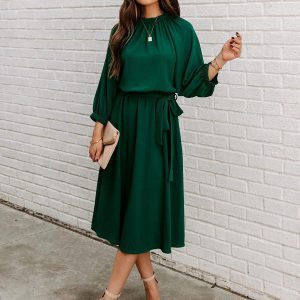 Sash Jewel Neck 3/4 Length Sleeves Midi Dress