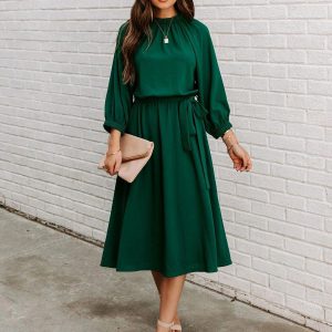 Sash Jewel Neck 3/4 Length Sleeves Midi Dress