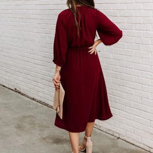 Sash Jewel Neck 3/4 Length Sleeves Midi Dress