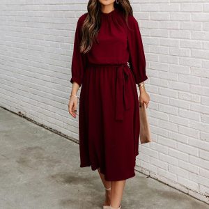 Sash Jewel Neck 3/4 Length Sleeves Midi Dress