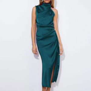 Asymmetrical Midi Dress Mock Neck Surplice Skirt Prom Dresses