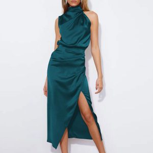 Asymmetrical Midi Dress Mock Neck Surplice Skirt Prom Dresses