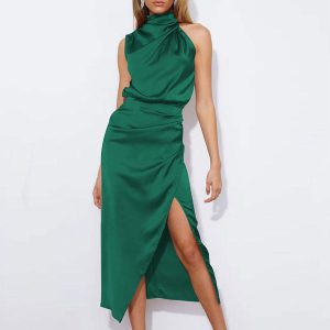Asymmetrical Midi Dress Mock Neck Surplice Skirt Prom Dresses