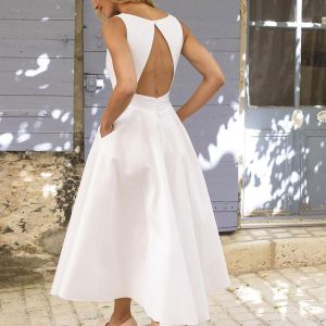 V-Neck Midi Dress Pockets Sleeveless Backless Empire Waist Prom Dresses