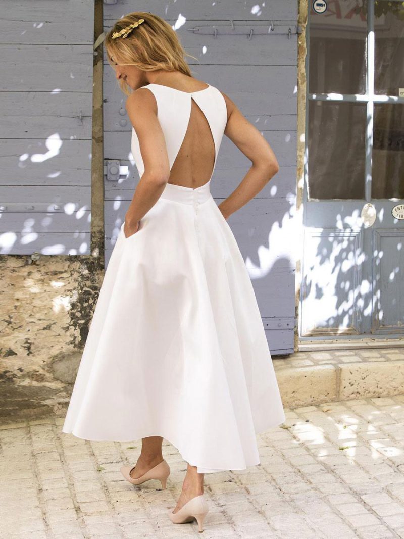 V-Neck Midi Dress Pockets Sleeveless Backless Empire Waist Prom Dresses