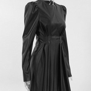 Black Midi Dress Puff Sleeves Pleated PU Leather Zipperr Day Dresses