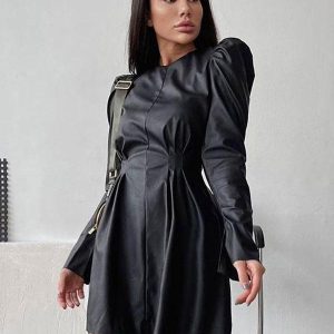 Black Midi Dress Puff Sleeves Pleated PU Leather Zipperr Day Dresses