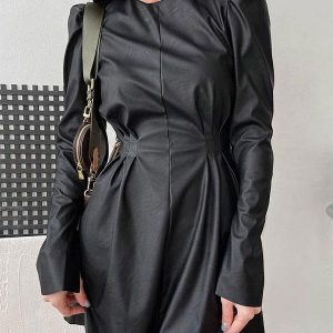 Black Midi Dress Puff Sleeves Pleated PU Leather Zipperr Day Dresses