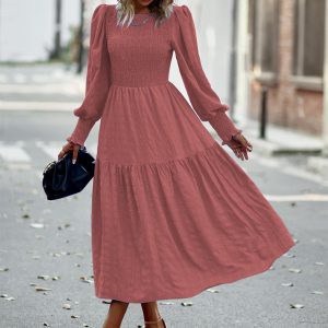 Pleated Midi Dress Lantern Sleeves Cuffs Layering Day Dresses