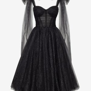 Tulle Midi Dress Flutter Capelet Sleeves Lace-up Back Pleated Party Dresses