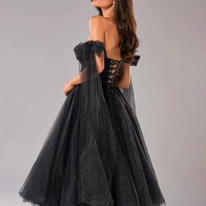Tulle Midi Dress Flutter Capelet Sleeves Lace-up Back Pleated Party Dresses
