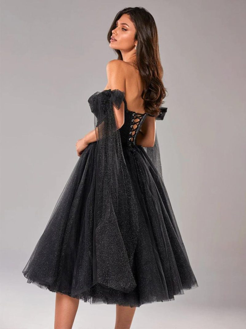 Tulle Midi Dress Flutter Capelet Sleeves Lace-up Back Pleated Party Dresses