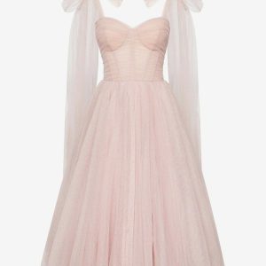 Tulle Midi Dress Flutter Capelet Sleeves Lace-up Back Pleated Party Dresses