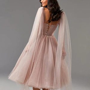 Tulle Midi Dress Flutter Capelet Sleeves Lace-up Back Pleated Party Dresses