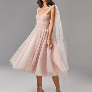 Tulle Midi Dress Flutter Capelet Sleeves Lace-up Back Pleated Party Dresses