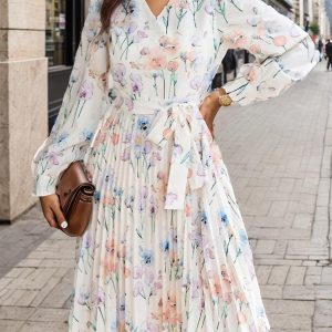 Floral Dress Midi Dress Floral Print Long Sleeves V-Neck Chic Irregular Sash Zipper No Open Seam Knee Length Summer
