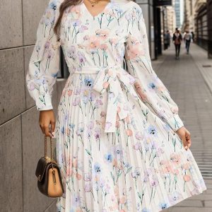 Floral Dress Midi Dress Floral Print Long Sleeves V-Neck Chic Irregular Sash Zipper No Open Seam Knee Length Summer
