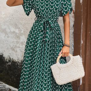 Floral Dress Midi Dress Dresses Stretch Sash Jewel Neck Short Sleeves Bohemian Summer