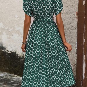 Floral Dress Midi Dress Dresses Stretch Sash Jewel Neck Short Sleeves Bohemian Summer