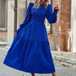 Pleated Midi Dress Lantern Sleeves Cuffs Layering Day Dresses
