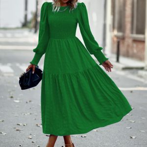 Pleated Midi Dress Lantern Sleeves Cuffs Layering Day Dresses