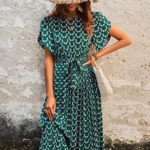 Floral Dress Midi Dress Dresses Stretch Sash Jewel Neck Short Sleeves Bohemian Summer