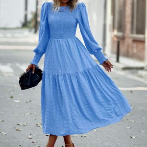 Pleated Midi Dress Lantern Sleeves Cuffs Layering Day Dresses