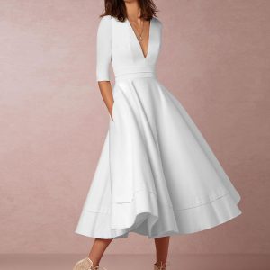 Plunge Midi Dress Half Sleeves Pockets A-Line Prom Dresses