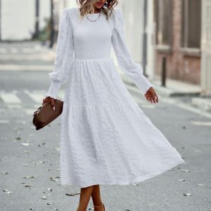 Pleated Midi Dress Lantern Sleeves Cuffs Layering Day Dresses