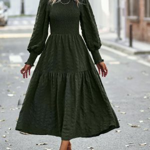 Pleated Midi Dress Lantern Sleeves Cuffs Layering Day Dresses