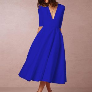 Plunge Midi Dress Half Sleeves Pockets A-Line Prom Dresses