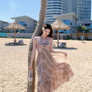 Backless Beach Bohemian Halter V-collar long Sundress Boho dresses - Image 3