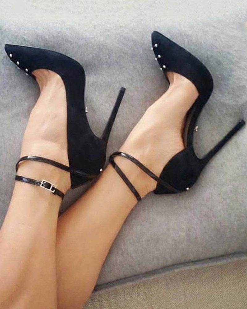 Black High Heels Suede Pointed Toe Rivets Stiletto Heel Ankle Strap Pumps Women Shoes