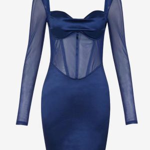 Bodycon Blue Long Sleeves Pleated Strapless Sheer Sheath Dress - Image 4