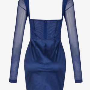 Bodycon Blue Long Sleeves Pleated Strapless Sheer Sheath Dress - Image 5