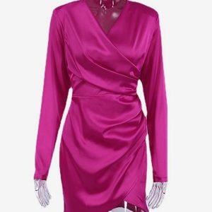 Bodycon Dresses Rose V-Neck Pleated Long Sleeves Pencil Dress - Image 6