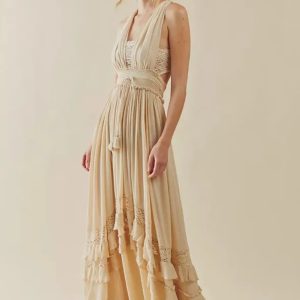 Boho Style Solid Color Lace Ruffled Mujer Vestidos Cotton Maxi Dresses - Image 5
