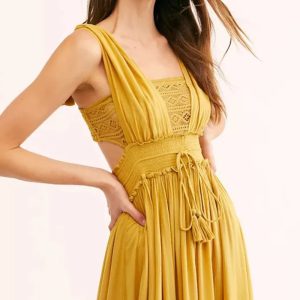 Boho Style Solid Color Lace Ruffled Mujer Vestidos Cotton Maxi Dresses - Image 4