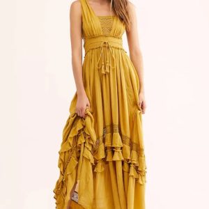 Boho Style Solid Color Lace Ruffled Mujer Vestidos Cotton Maxi Dresses - Image 3