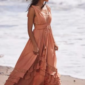 Boho Style Solid Color Lace Ruffled Mujer Vestidos Cotton Maxi Dresses