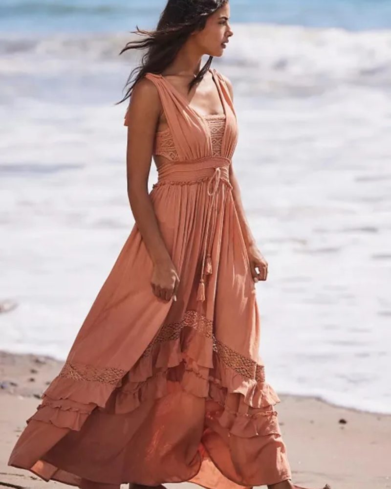 Boho Style Solid Color Lace Ruffled Mujer Vestidos Cotton Maxi Dresses