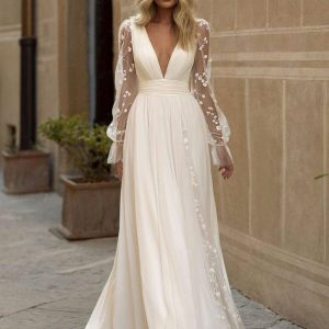 Boho Wedding Dress Lace A-Line Long Sleeves V-Neck Wedding Gown - Image 2