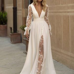 Boho Wedding Dress Lace A-Line Long Sleeves V-Neck Wedding Gown